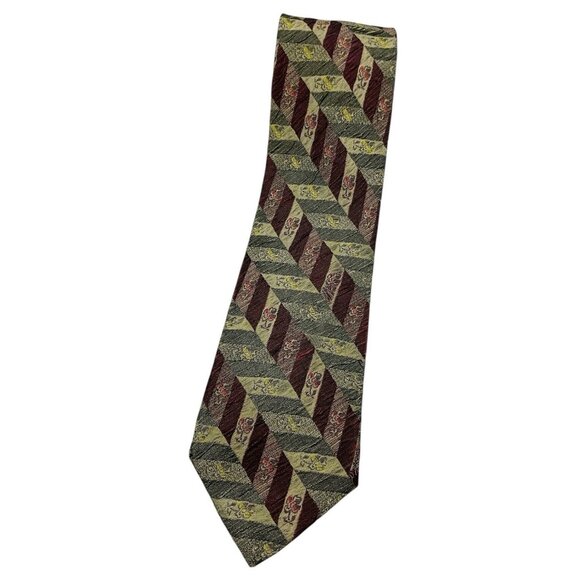 KENZO Men's 100% Silk Necktie LUXURY Burgundy Green Geometric Floral W:3.8" EUC